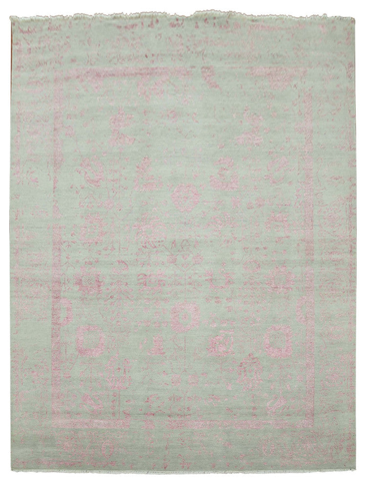 Sage Gray Broken Erased Persian Design Wool and Silk Hand Knotted Rug, 9'x11'10"