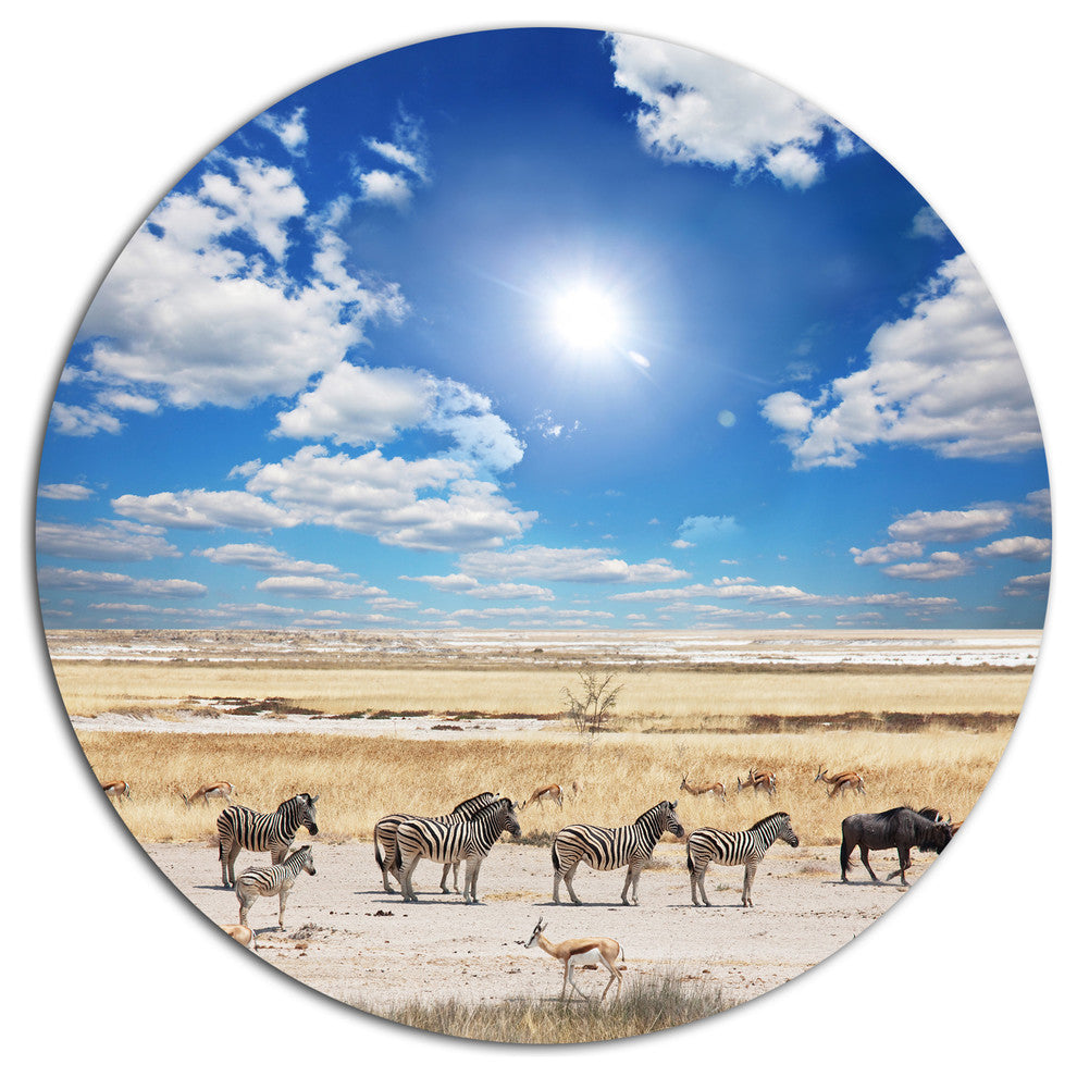 Wandering Zebras Under Bright Sky, Landscape Disc Metal Wall Art, 36"