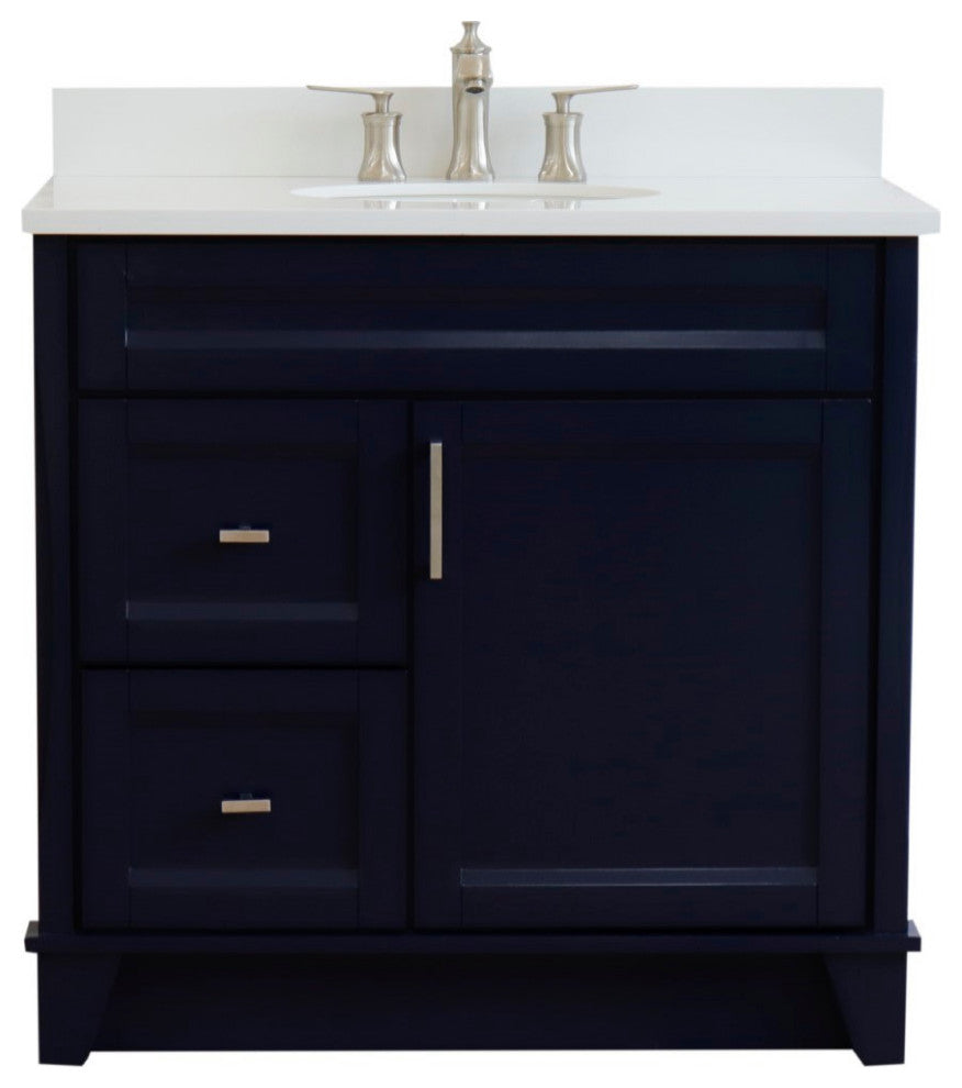 37" Single Sink Vanity, Blue Finish With White Engineered Stone Top