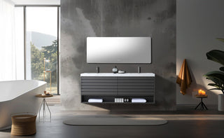 Matera Wall Mount Modern Bathroom Vanity, Charcoal, 72", White Countertop