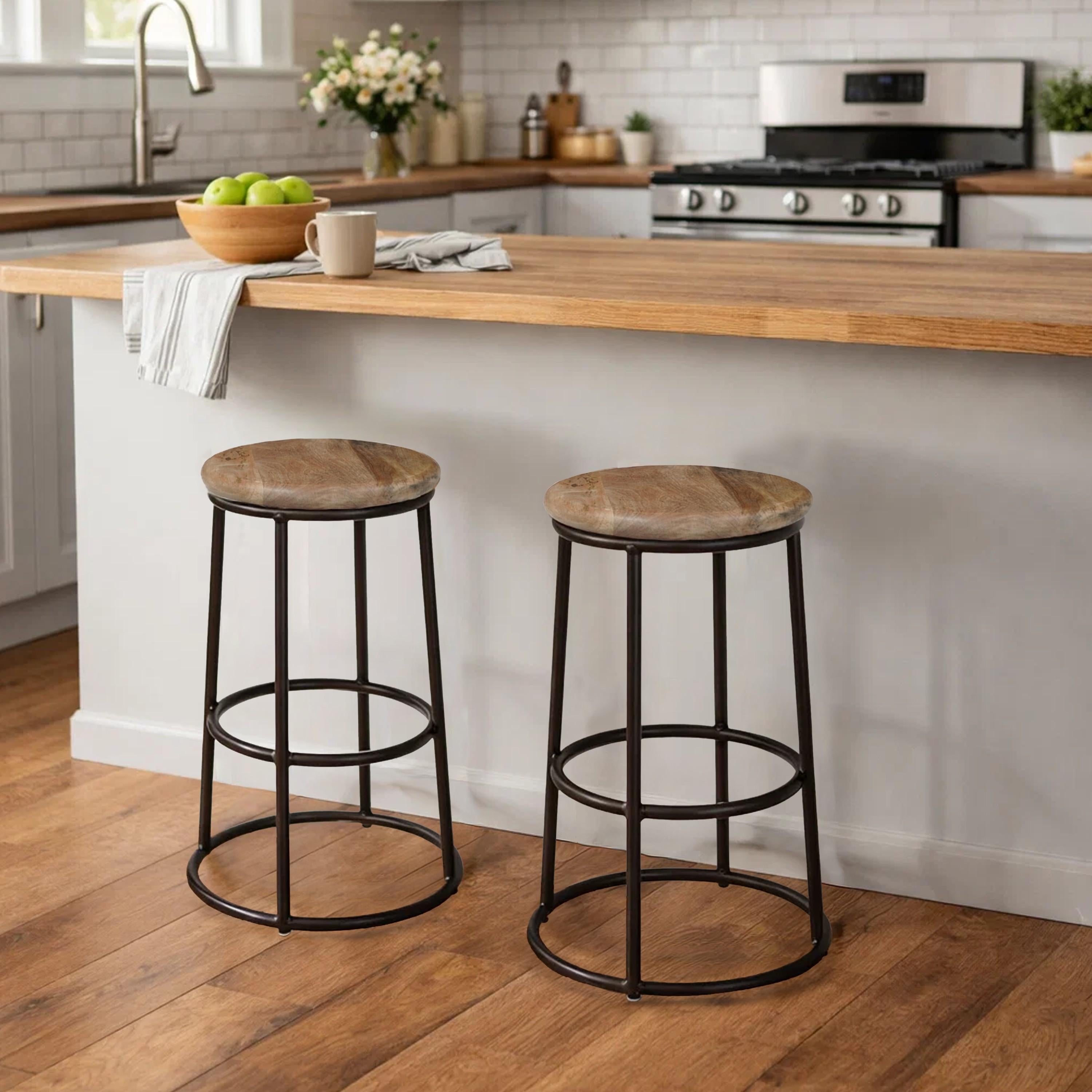 24" Mango Wood Counter Height Barstool With Iron Base Brown And Black