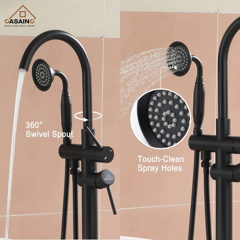 6 GPM Freestanding Bathtub Faucet with Hand Held Shower and Double Handle, Matte Black