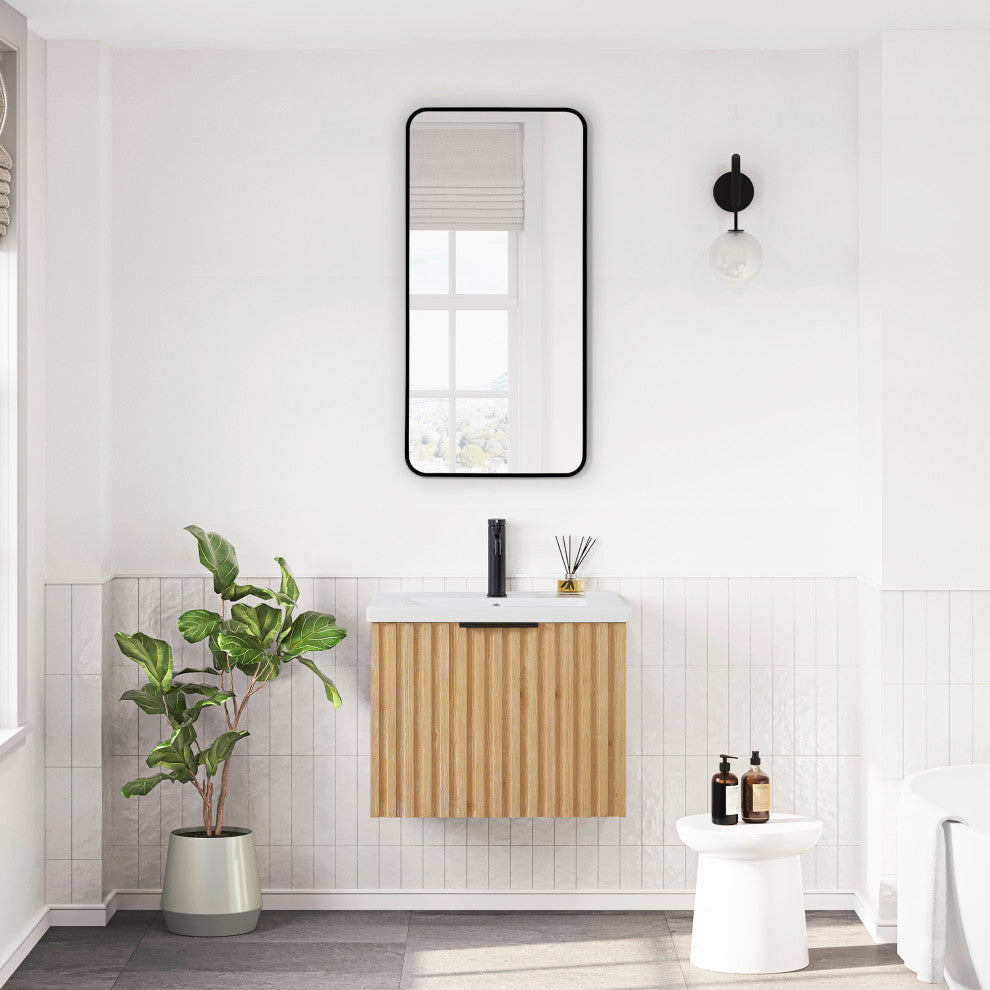 Manila Floating Vanity with Ceramic Basin Top without Mirror, Washed Ash Grey, 24", Single Vanity