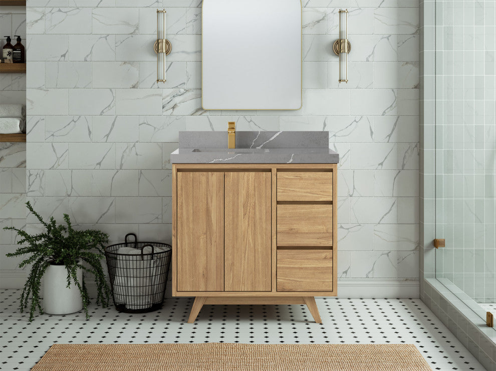Madison Teak 36 Left Offset Bath Vanity in Light Natural 2" Piatra Gray