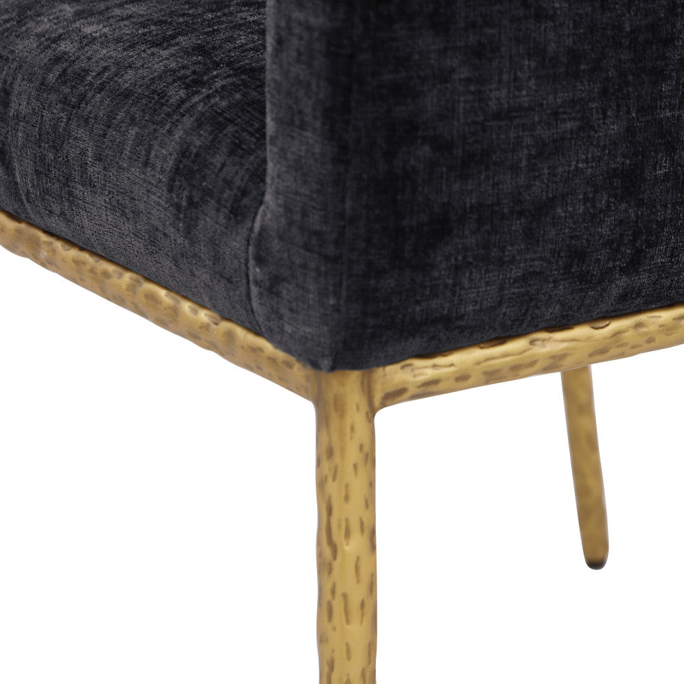 Reeves Upholstered Dining Chair, Black, Chenille , AC,  Brushed Brass, Set of 2