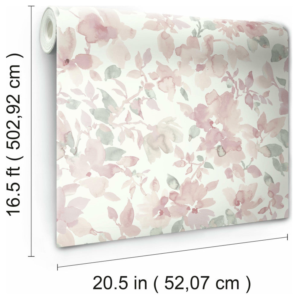 Watercolor Floral Peel and Stick Wallpaper, Pink and Green