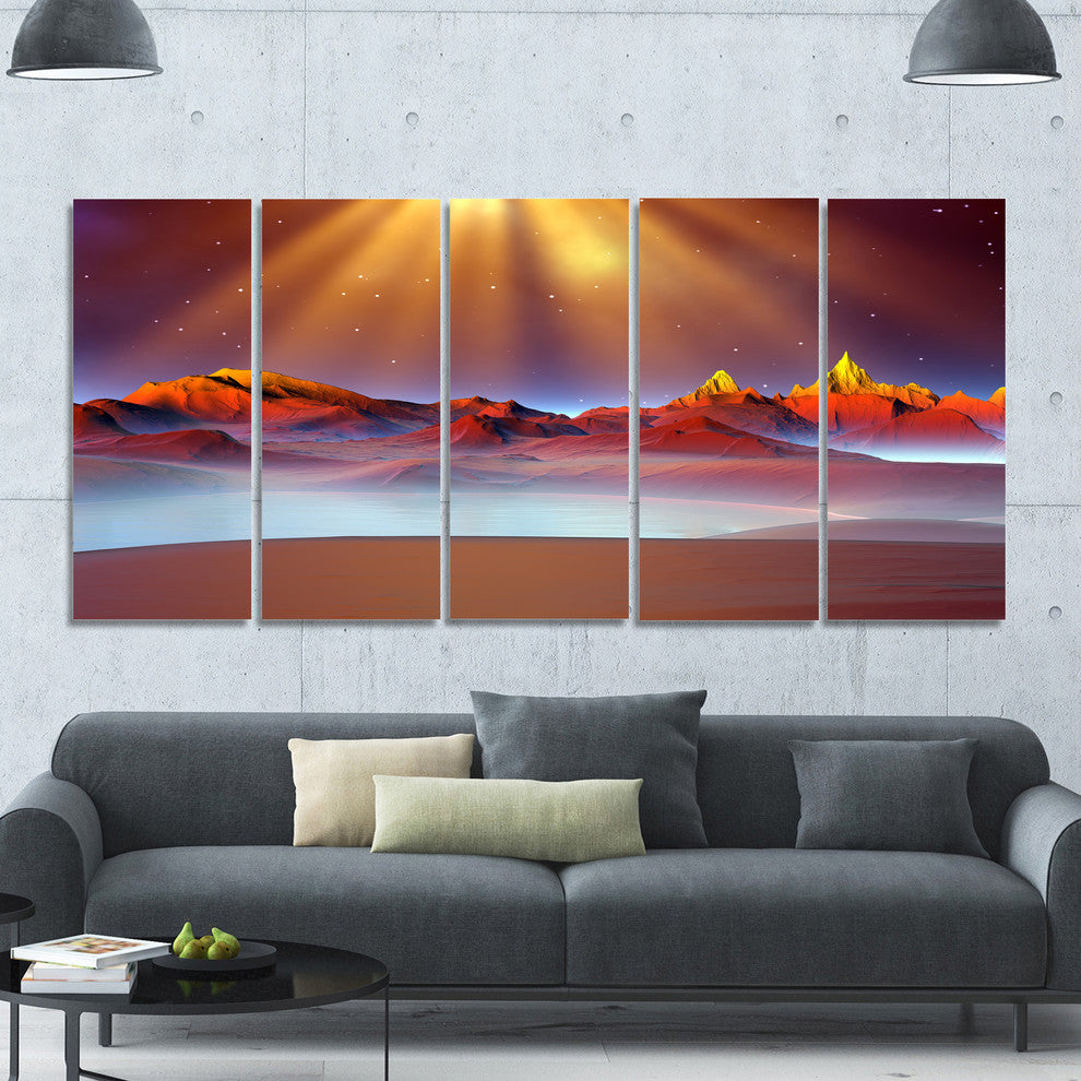 Alien Landscape at Sunset, Landscape Canvas Art Print, 60"x28", 5 Panels