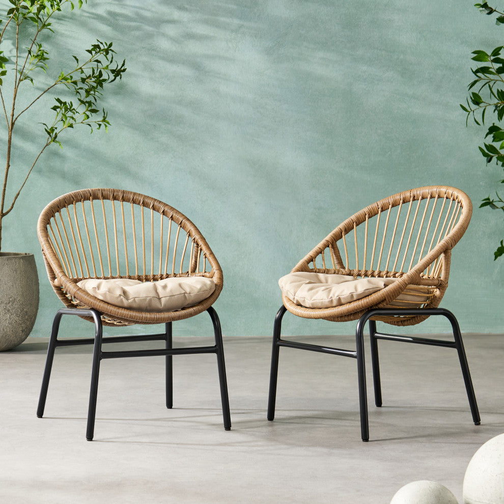 Dero Outdoor Wicker Dining Chairs With Cushion, Set of 2, Light Brown and Beige