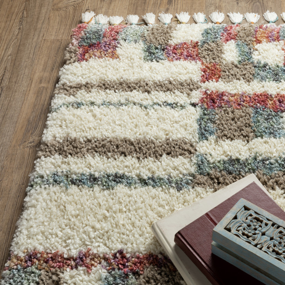 Aurora Abstract Stripe Ivory/Multi Indoor Area Rug, Ivory, 2'3" x 7'6"