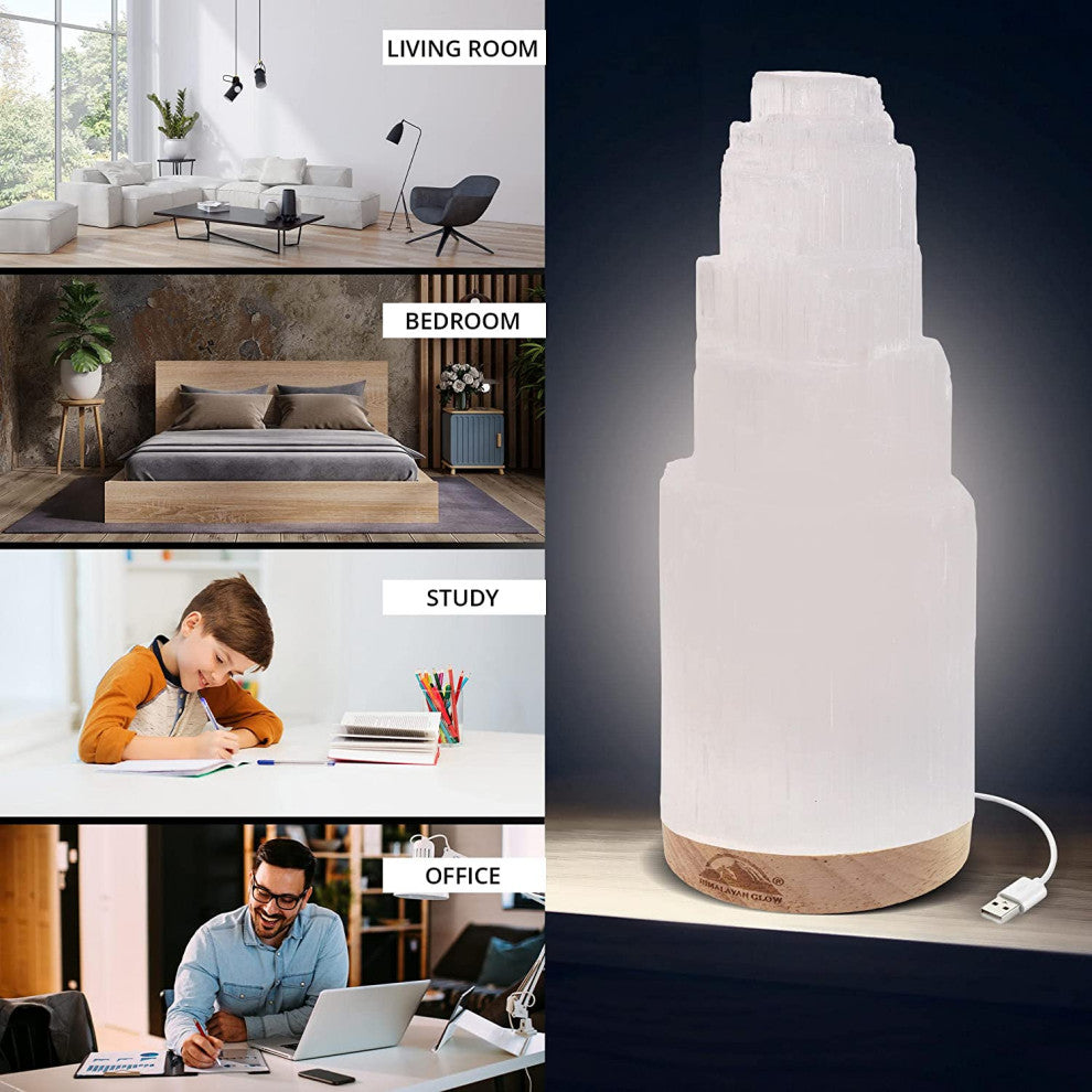 Selenite Crystal Lamp, Himalayan Wooden Base Lamp with USB Cable & LED Light