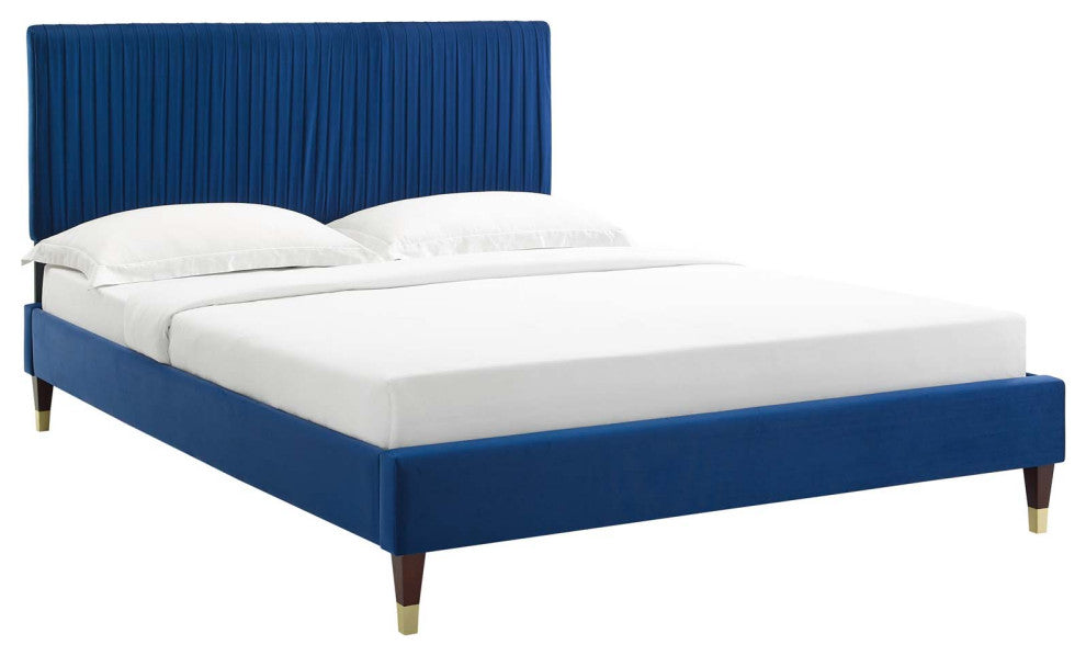 Platform Bed Frame, Twin Size, Velvet, Blue Navy, Modern Contemporary, Bedroom