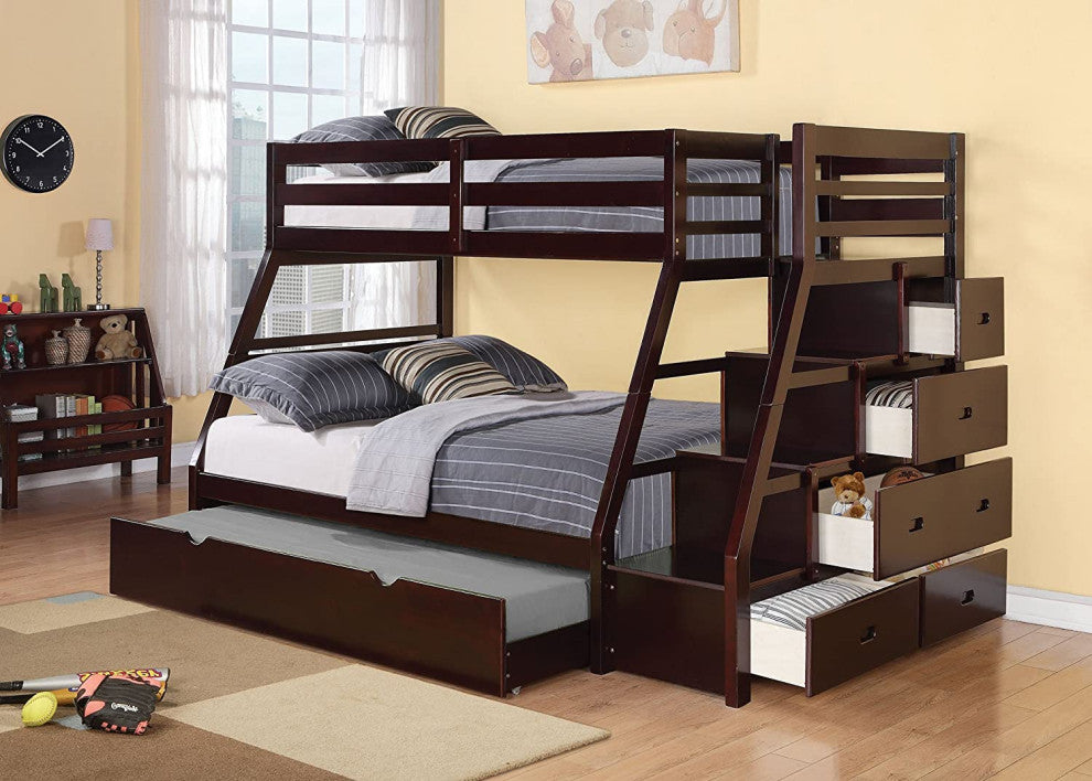 Espresso Finish Twin Over Full Storage Bunk Bed with Trundle