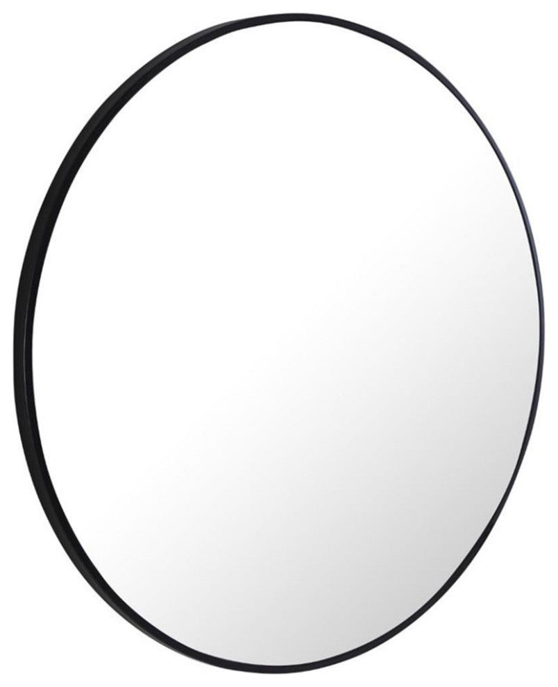 Pemberly Row 28" Round Contemporary Metal Frame Mirror in Black