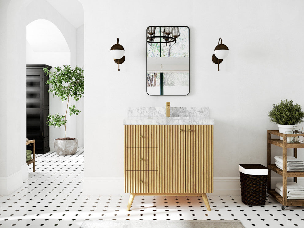 Pasadena 36 Center Sink Bath Vanity in Light Natural Teak 2" Carrara Marble