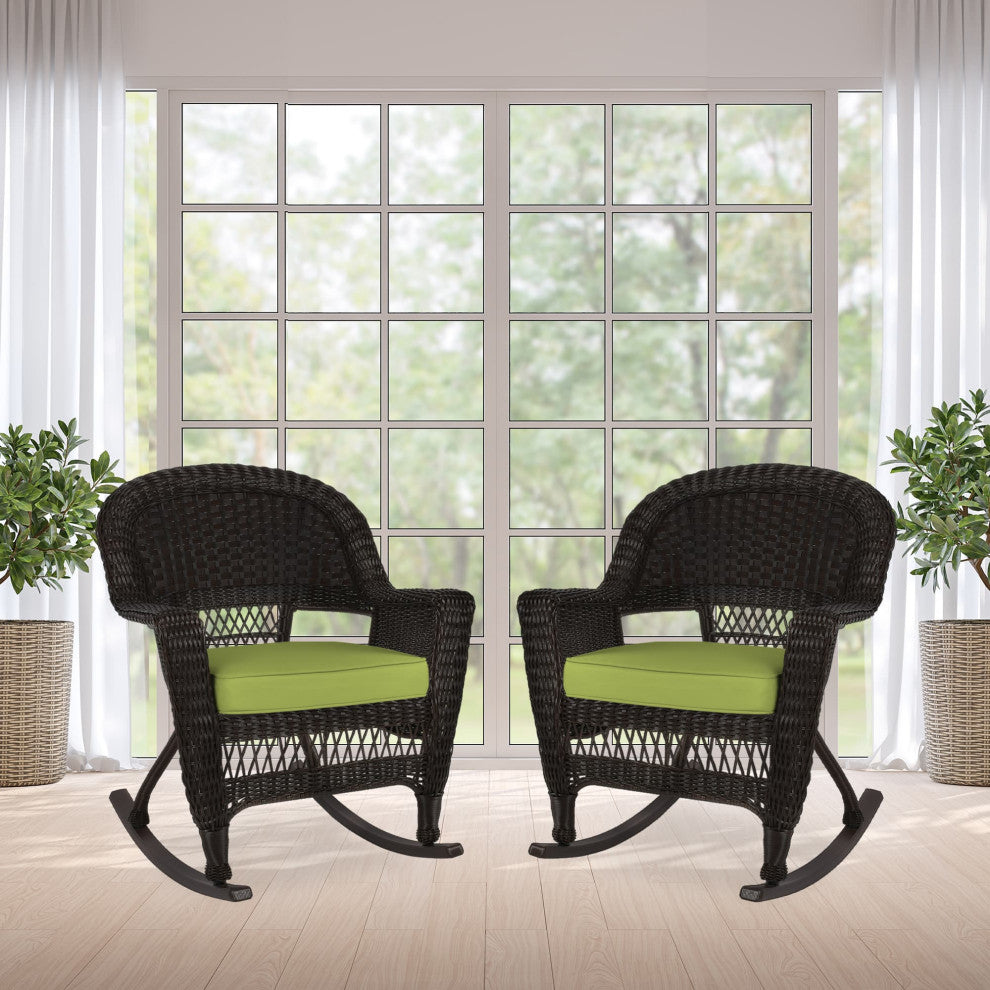 Jeco Rocker Wicker Chair in Espresso with Green Cushion (Set of 2)