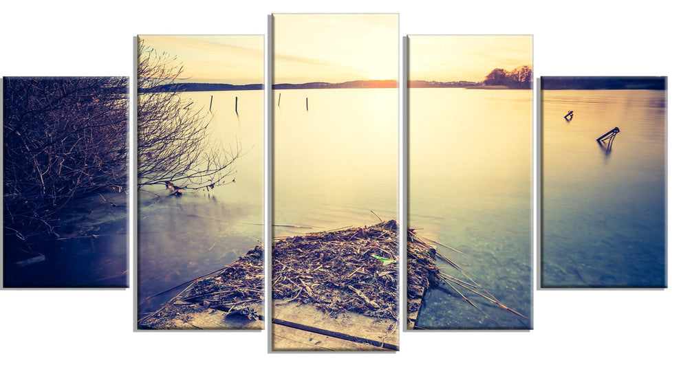 Amazing Sunset over Clam Lake, Landscape Canvas Art Print, 60"x32", 5 Panels