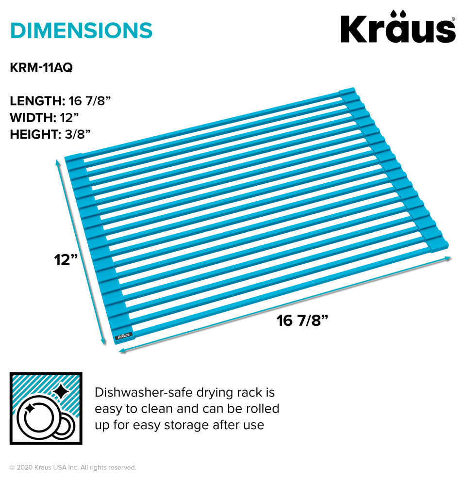 Kraus KRM-11AQ Multipurpose Workstation Sink Roll-Up Dish Drying Rack, Aqua