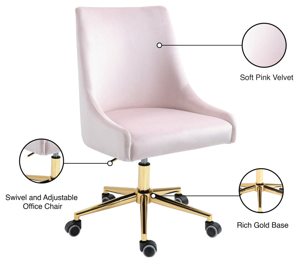 Karina Swivel and Adjustable Velvet Upholstered Office Chair, Pink, Gold Base