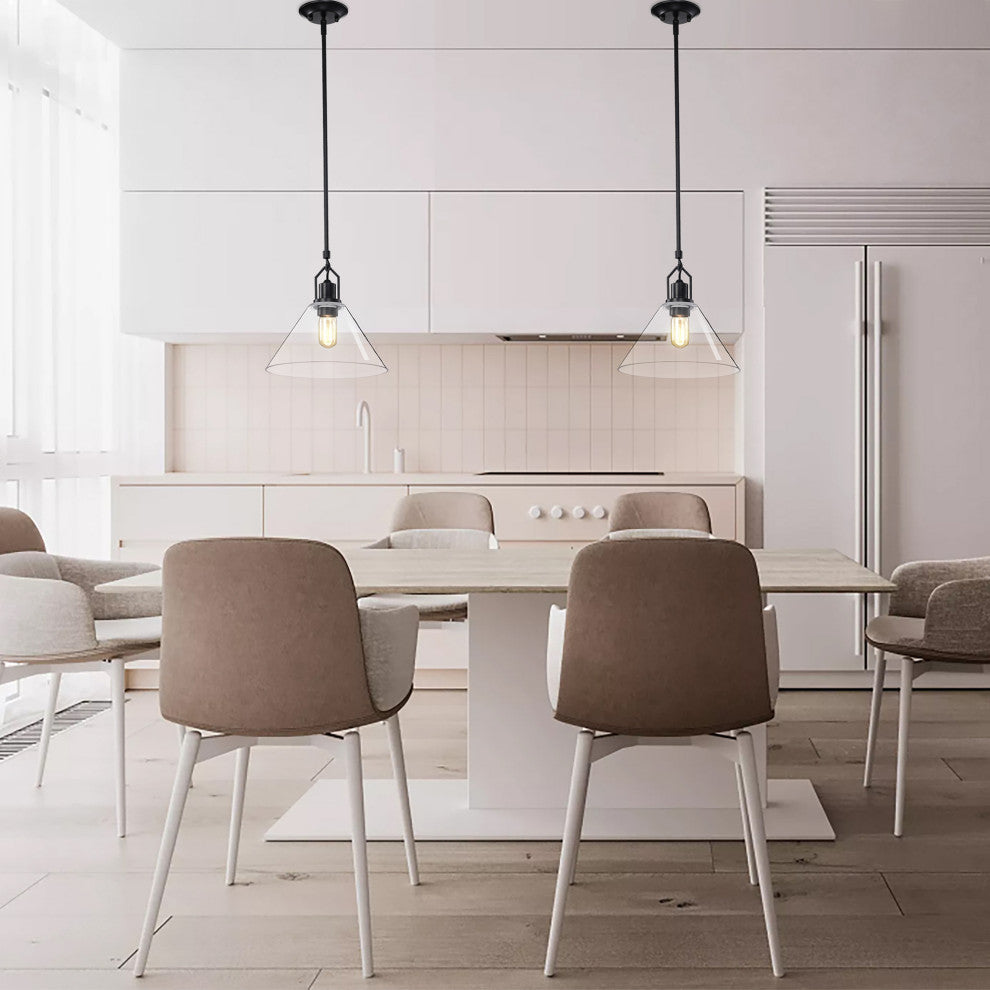 1-Light Matte Black 12 in. Pendant With Clear Cone Glass Shade