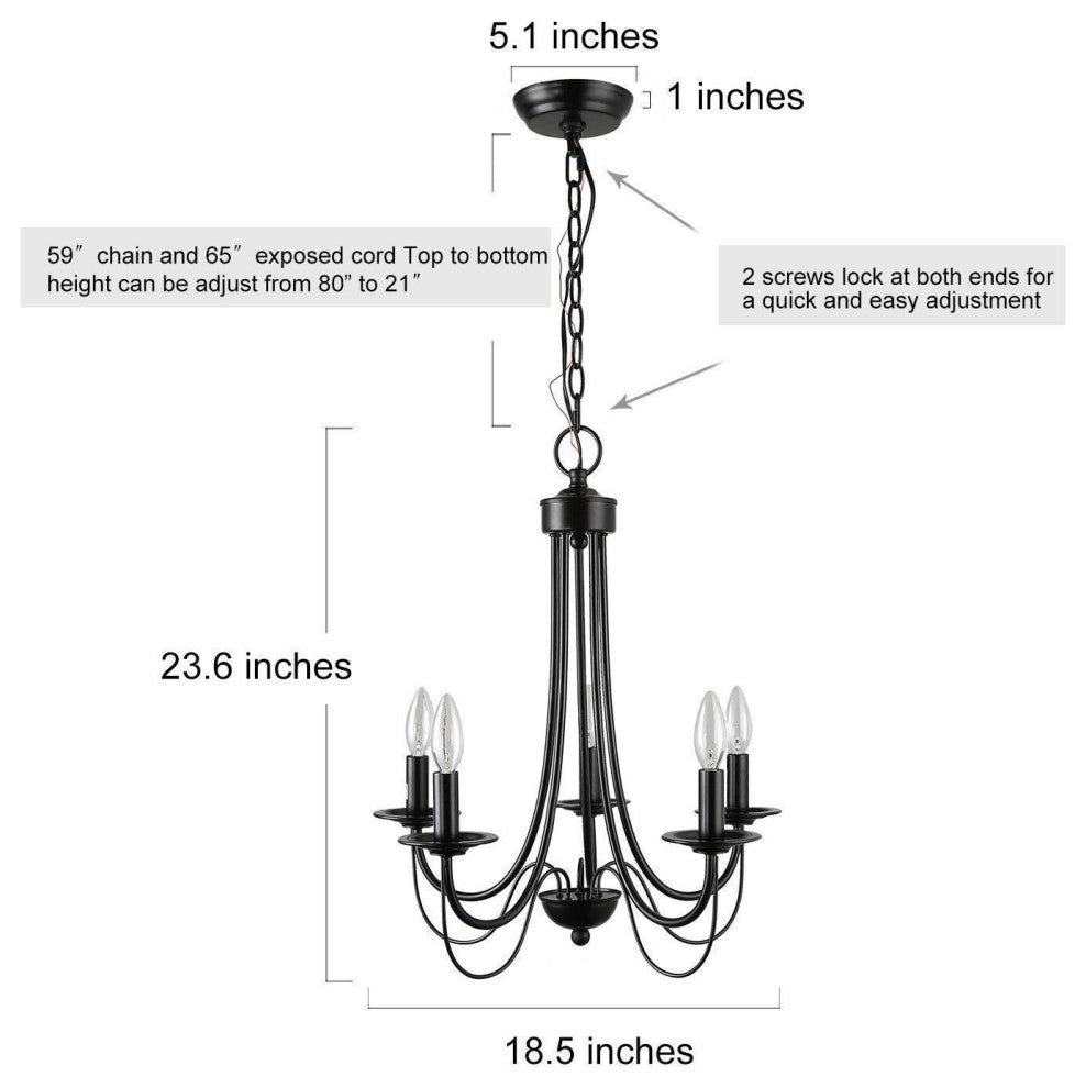 LNC 5-Light Modern Matte Metal Candle-Style Chandelier, Black