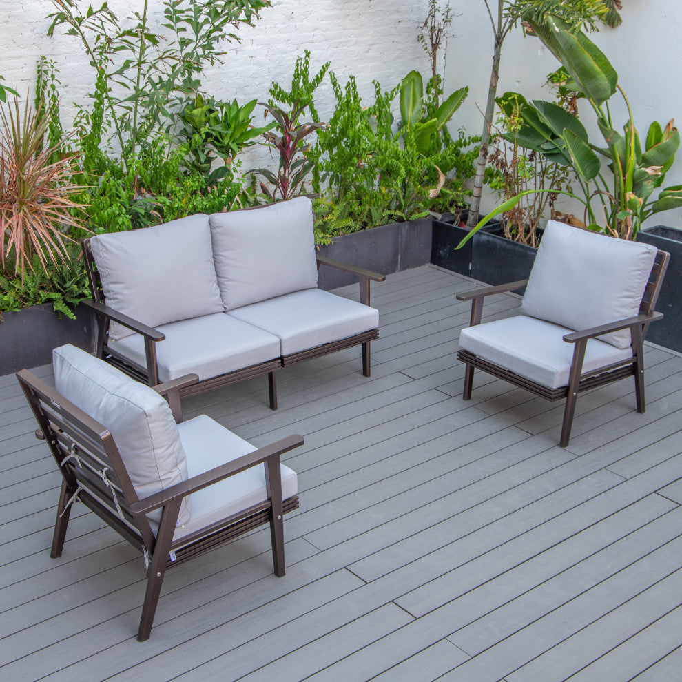 LeisureMod Walbrooke 3-Piece Patio Set With Brown Aluminum Frame and Cushions, Light Grey