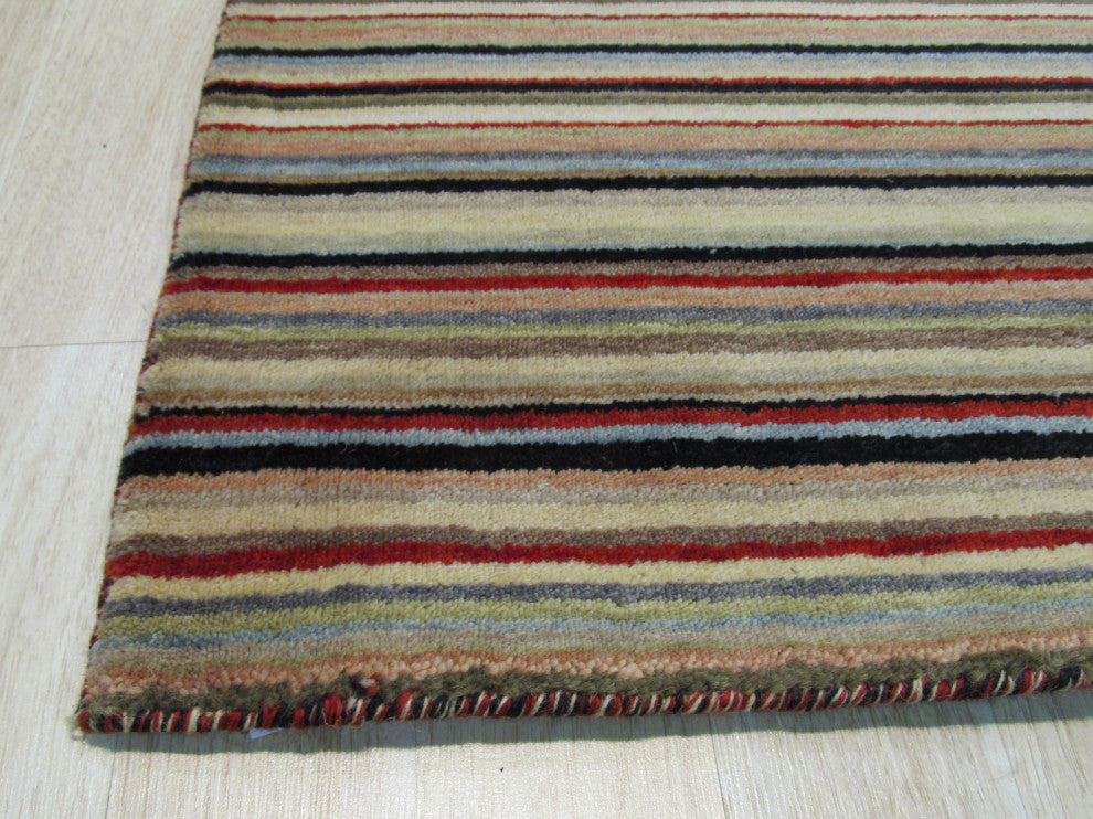 Black/Red Striped Handmade Wool Rug, 2'x10'