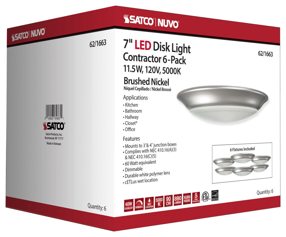 7 inch - LED Disk Light - 5000K - 6 Unit Contractor Pack - Brushed Nickel Finish