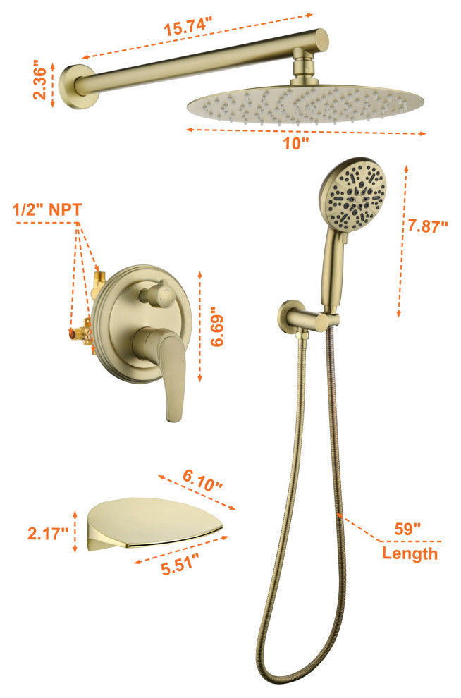Wellfor Shower Faucet Set, 10" Ceiling Shower Head, Handheld Shower, Tub Spout, Brushed Gold