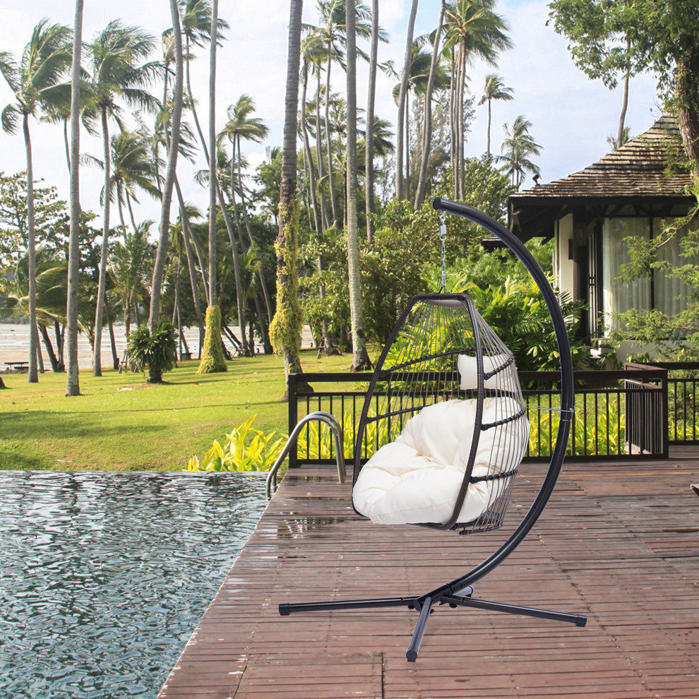 Outdoor Patio Wicker Folding Swing Chair Hanging With Bracket and Cushion Pillow