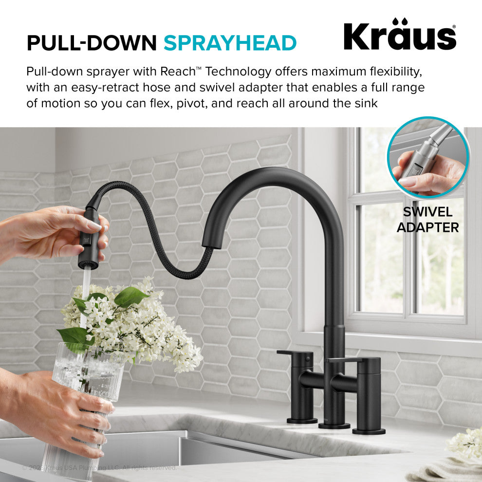KRAUS Oletto 2-Function Pulldown 3-Hole Bridge Kitchen Faucet, Matte Black