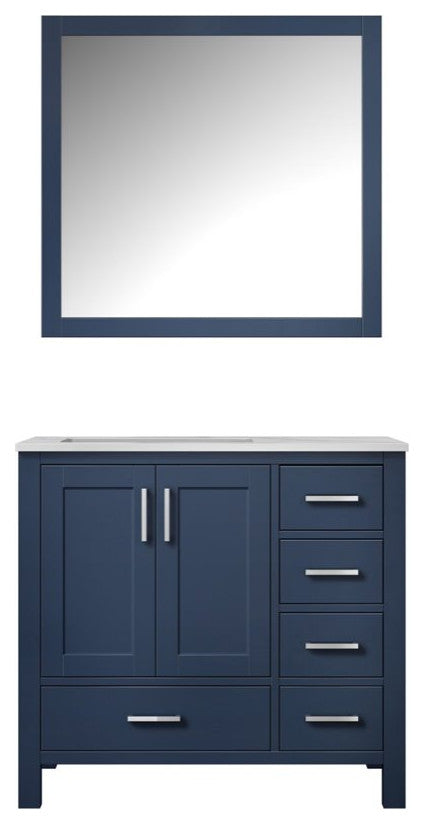 Lexora Home Jacques 36" Carrara Marble Top Single Vanity in Navy Blue