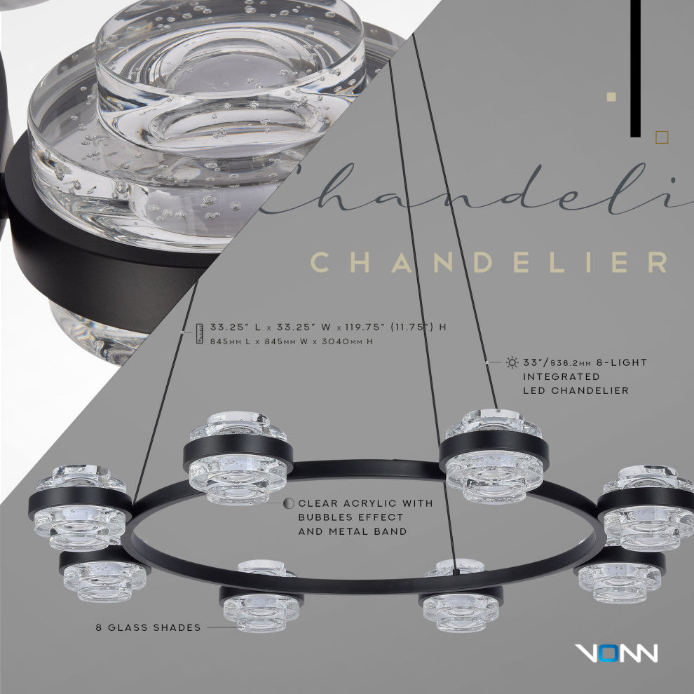Milano 33" ETL Certified Integrated LED Height Adjustable Chandelier, Black