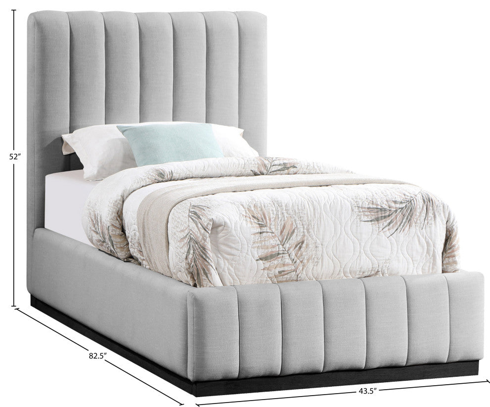 Lucia Beige Linen Textured Fabric Full Bed, Gray, Twin, Black Finish