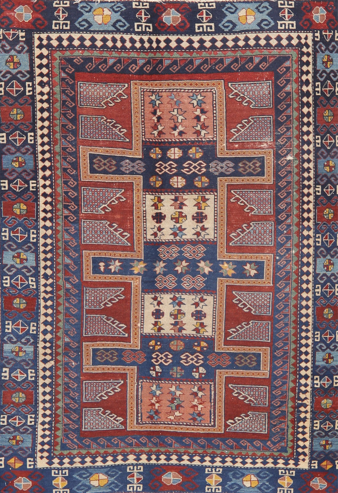 Consigned, Antique Russian Oriental Traditional Hand-Knotted Area Rug, Blue, 3x4