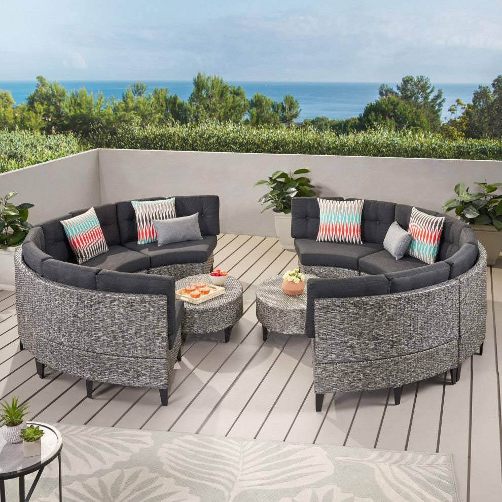GDF Studio 10-Piece Currituck Outdoor Mixed Black Wicker Sofa, Dark Gray, Set