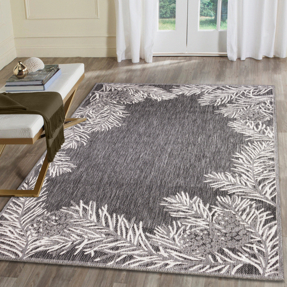 Malibu Pine Border Indoor/Outdoor Rug, Charcoal, 8'10"x11'9"