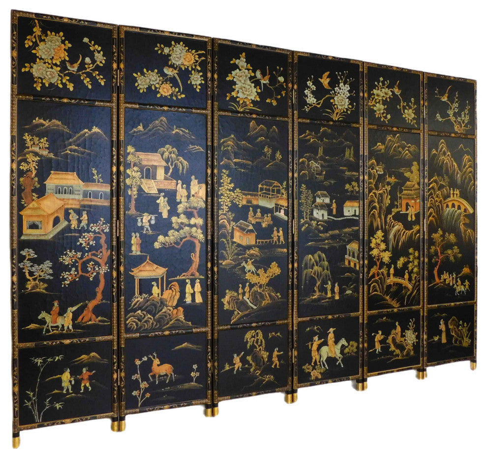 Oriental Folding Wooden Screen Chinese Landscape Painting, 6 Panels