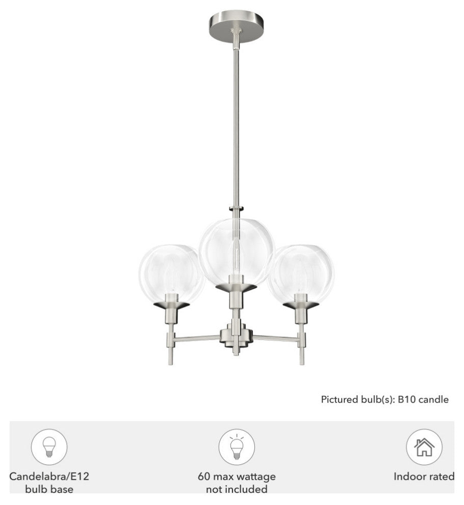 Xidane Brushed Nickel, Clear Glass 3 Light Chandelier Light