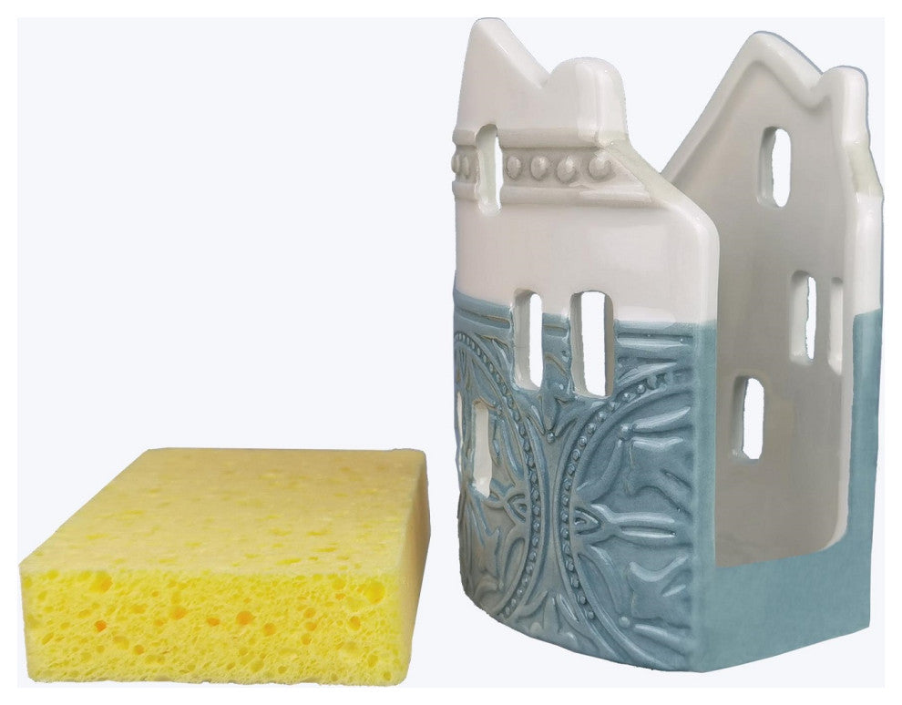Casual Provincial Kitchen Sponge Holder with Sponge Blue and White Ceramic