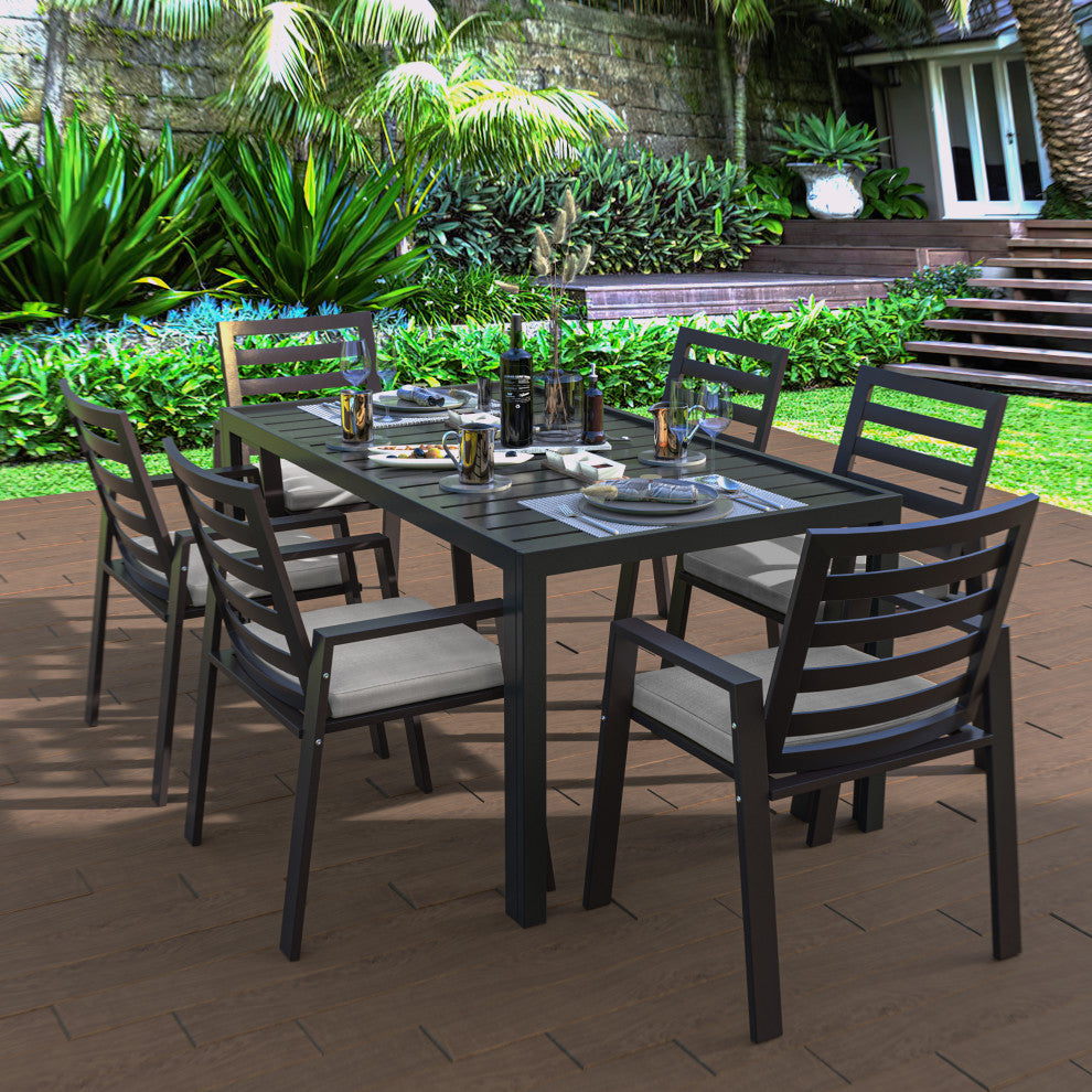 LeisureMod Chelsea Patio Dining Armchair in Aluminum with Cushions, Beige