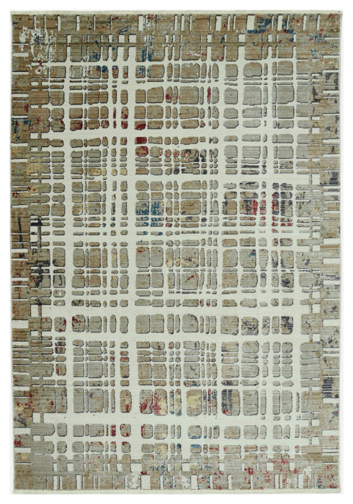 4"x6" Ivory Khaki Distressed Plaid Area Rug
