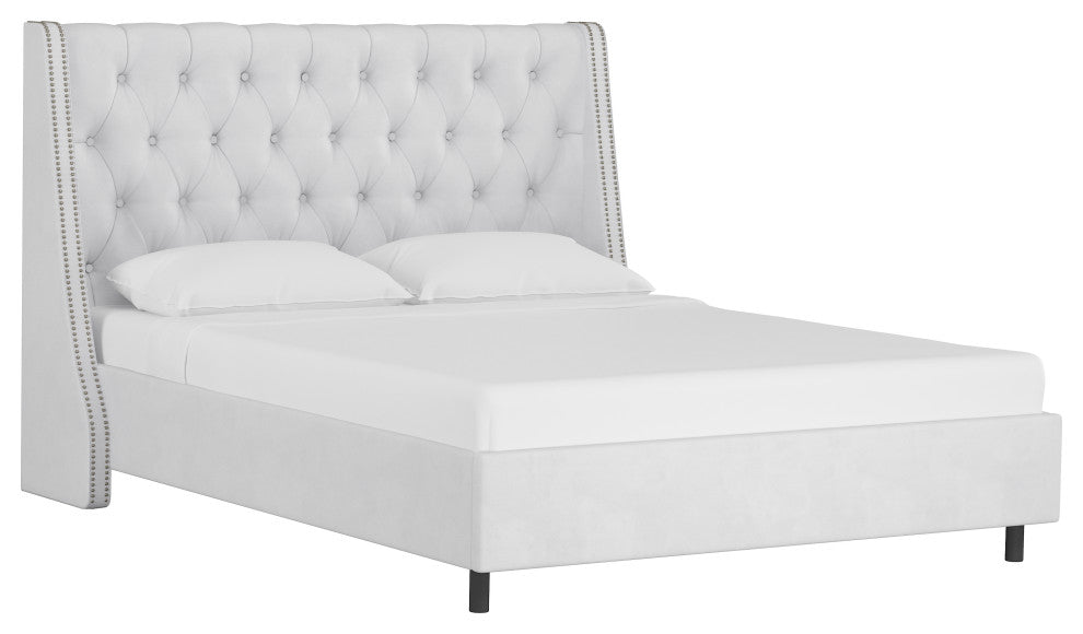 Williams Twin Nail Button Diamond Wingback Platform Bed, Velvet White