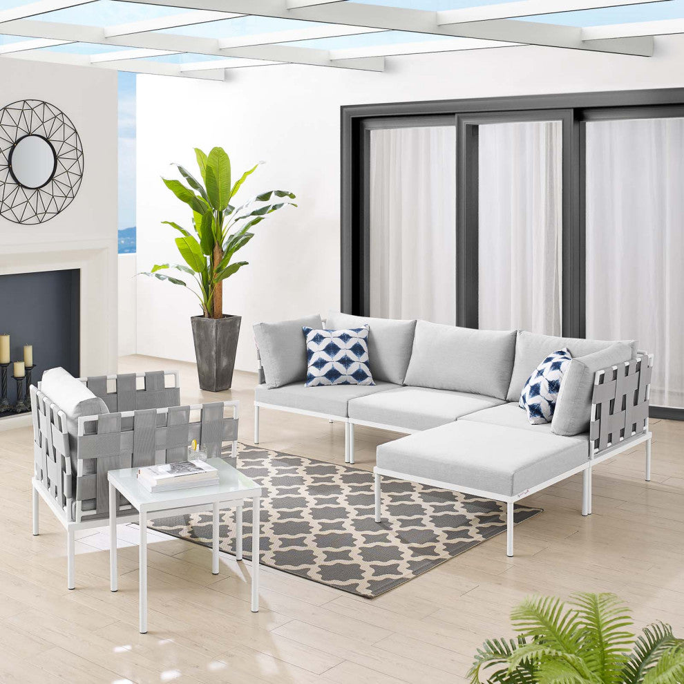 Lounge Sectional Sofa Chair Table Set, Sunbrella, Aluminum, Gray, Outdoor