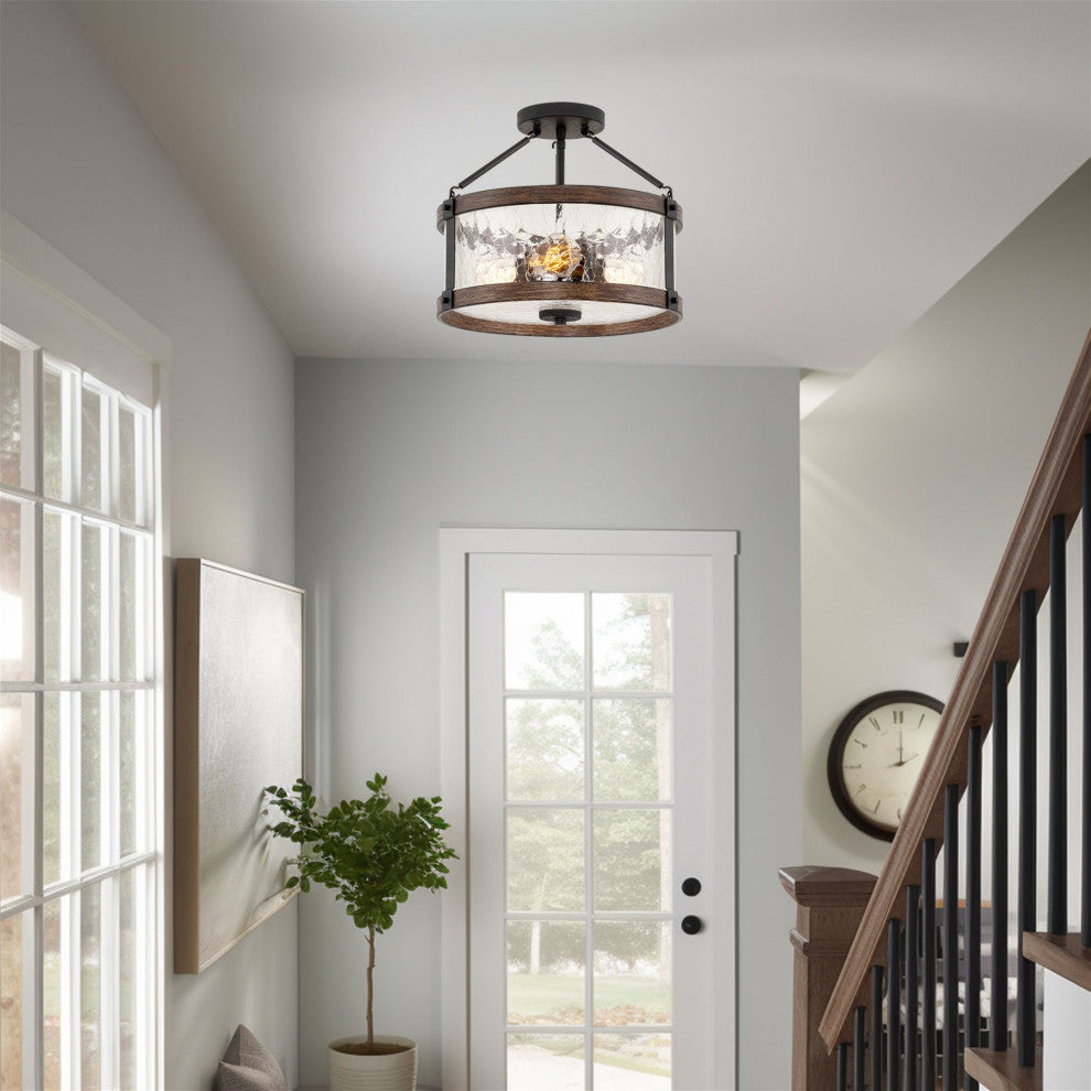 Kira Home Hadley 14" Farmhouse / Hall Light Ceiling, Crackled Glass Shade, Wood