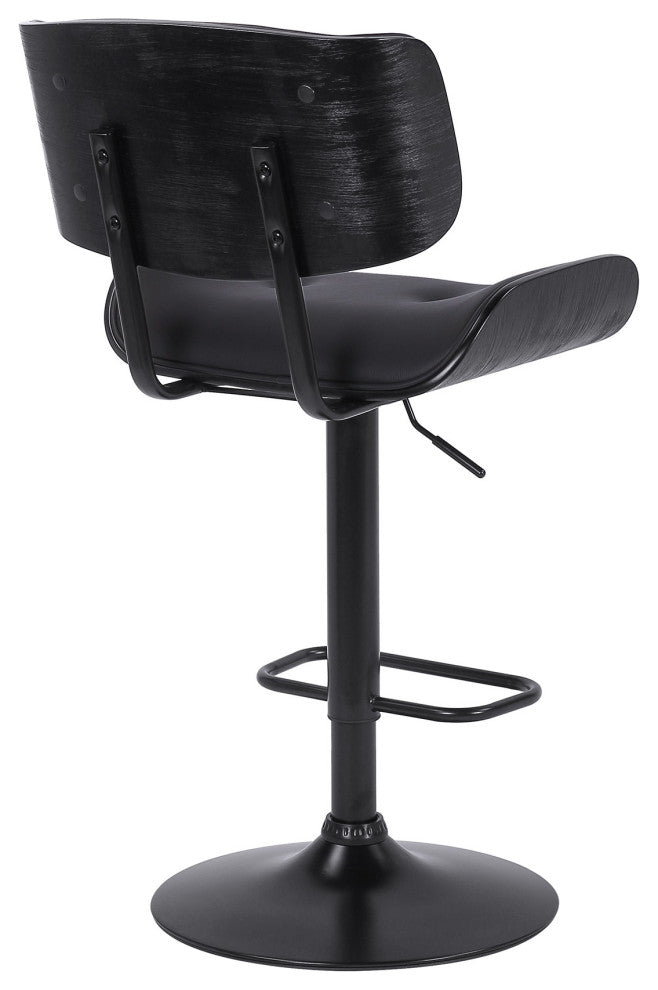 Adjustable Black Tufted Faux Leather and Black Wood Swivel Barstool.