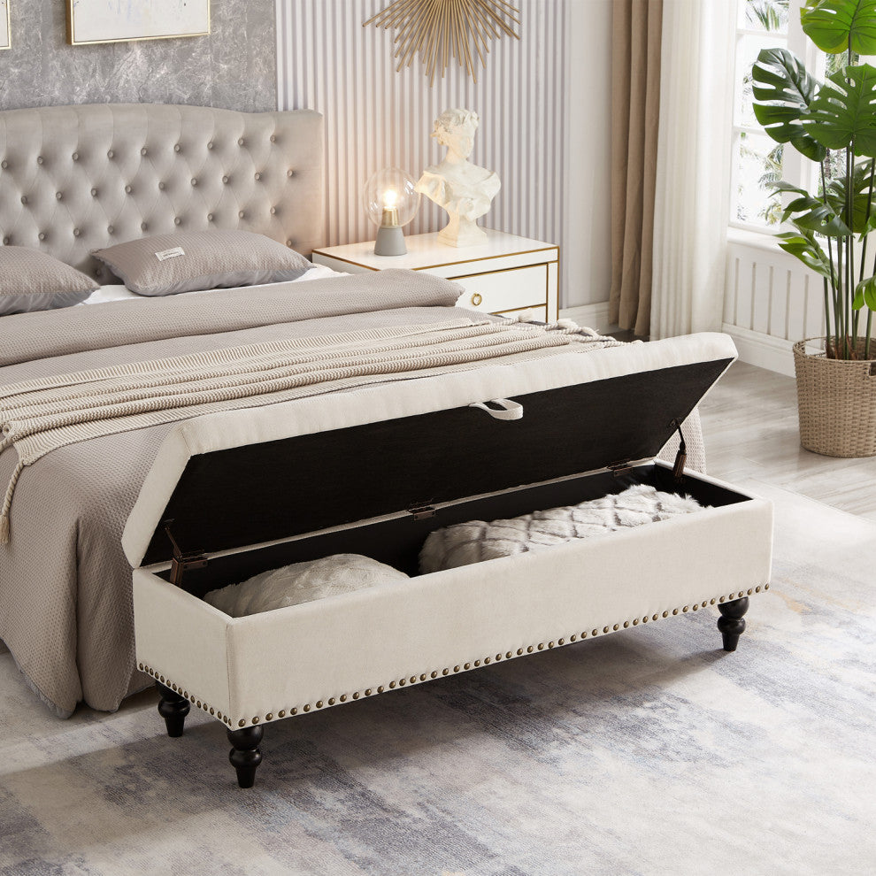 Gewnee 59" Fabric Button-Tufted Storage Ottoman Bench, Beige