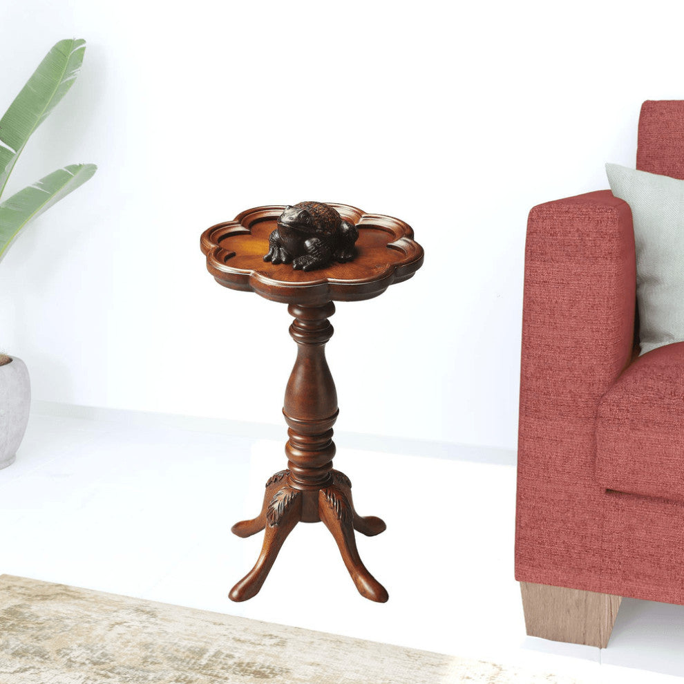 20" Medium Brown And Olive Ash Wood Floral Top End Table