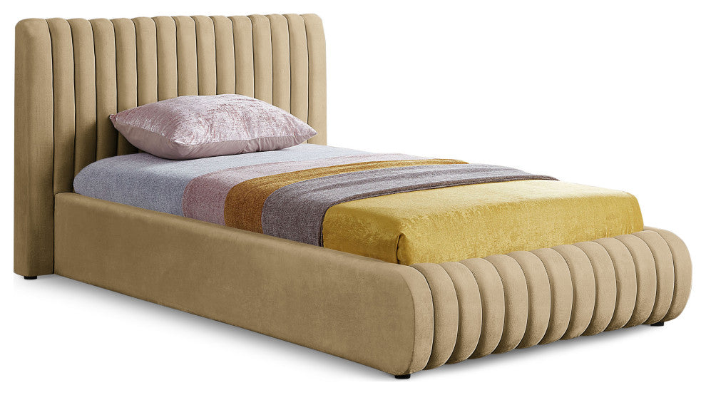 Nico Black Velvet Upholstered Bed, Camel, Twin