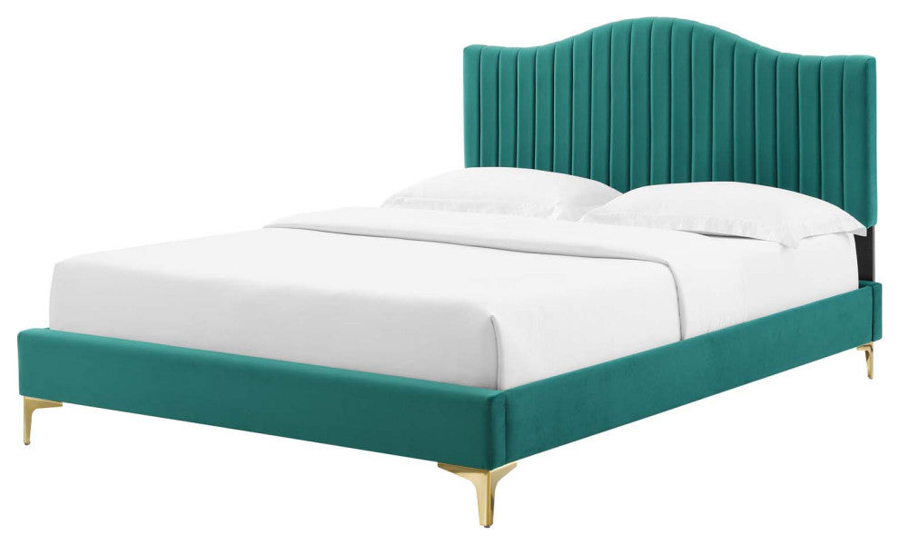 Tufted Platform Bed Frame, King Size, Velvet, Teal Blue, Modern Contemporary