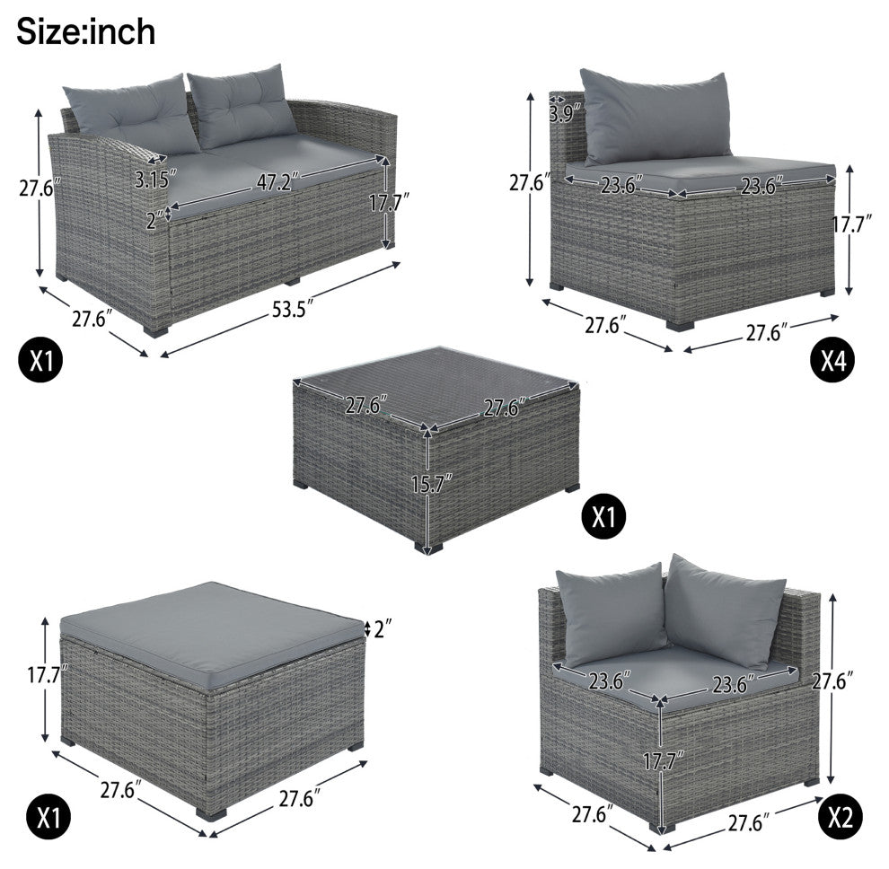 9 Pieces Outdoor Large Wicker Reversible Patio Sectional with Table and Cushions